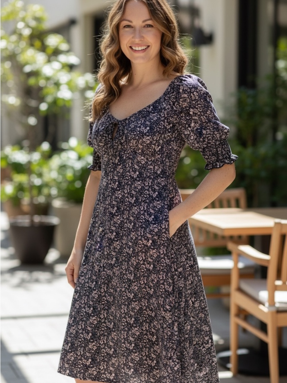Floral Tie-Front Midi Dress in Navy and Lavender